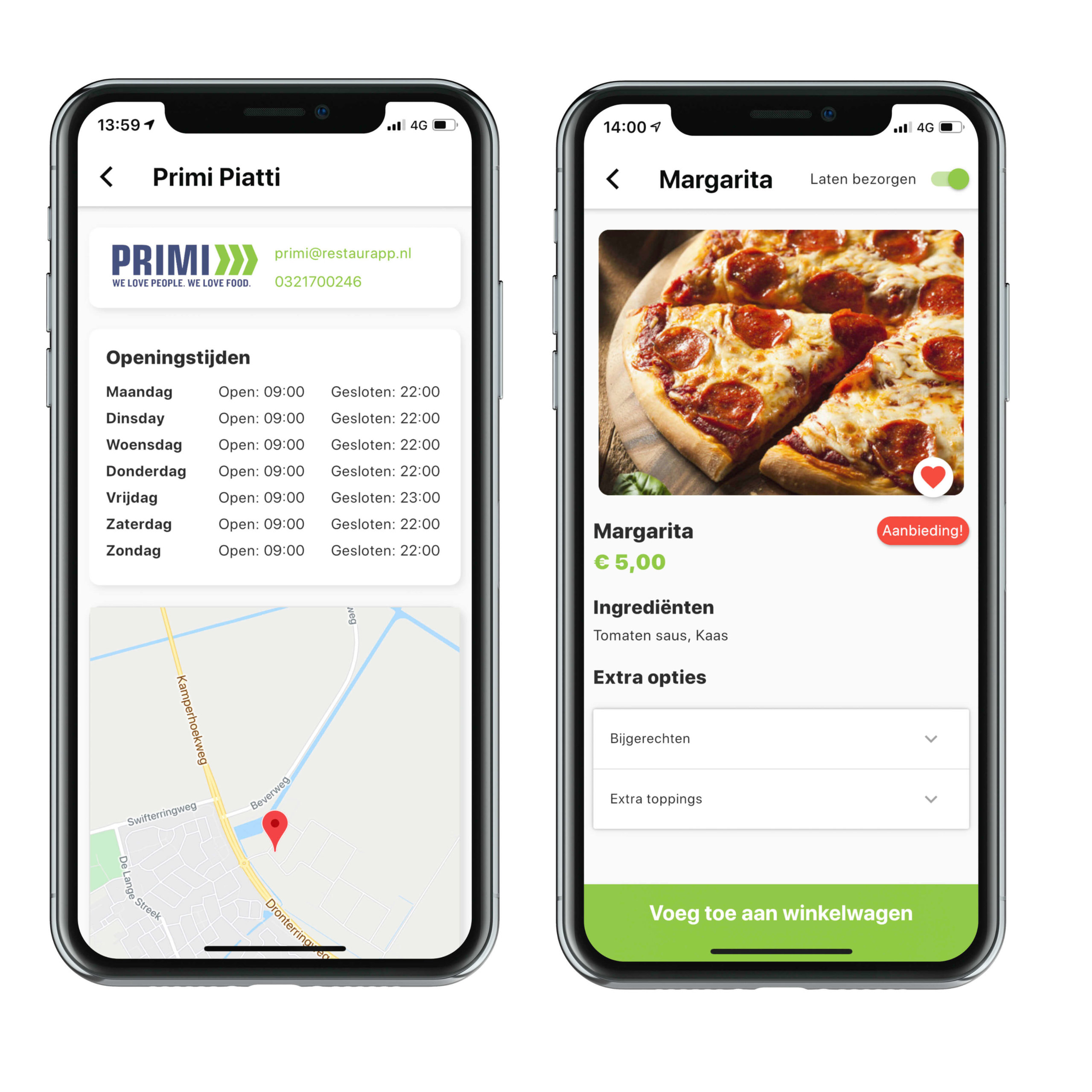 Screenshot van openingstijden en gerecht in restaurant app