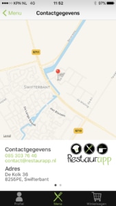Het oude contact menu van Restaurapp, met locatie, openingstijden, adres en contactgegevens op iPhone