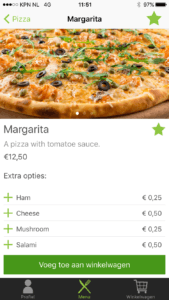 Een productpagina van een pizza met extra opties in Restaurapp